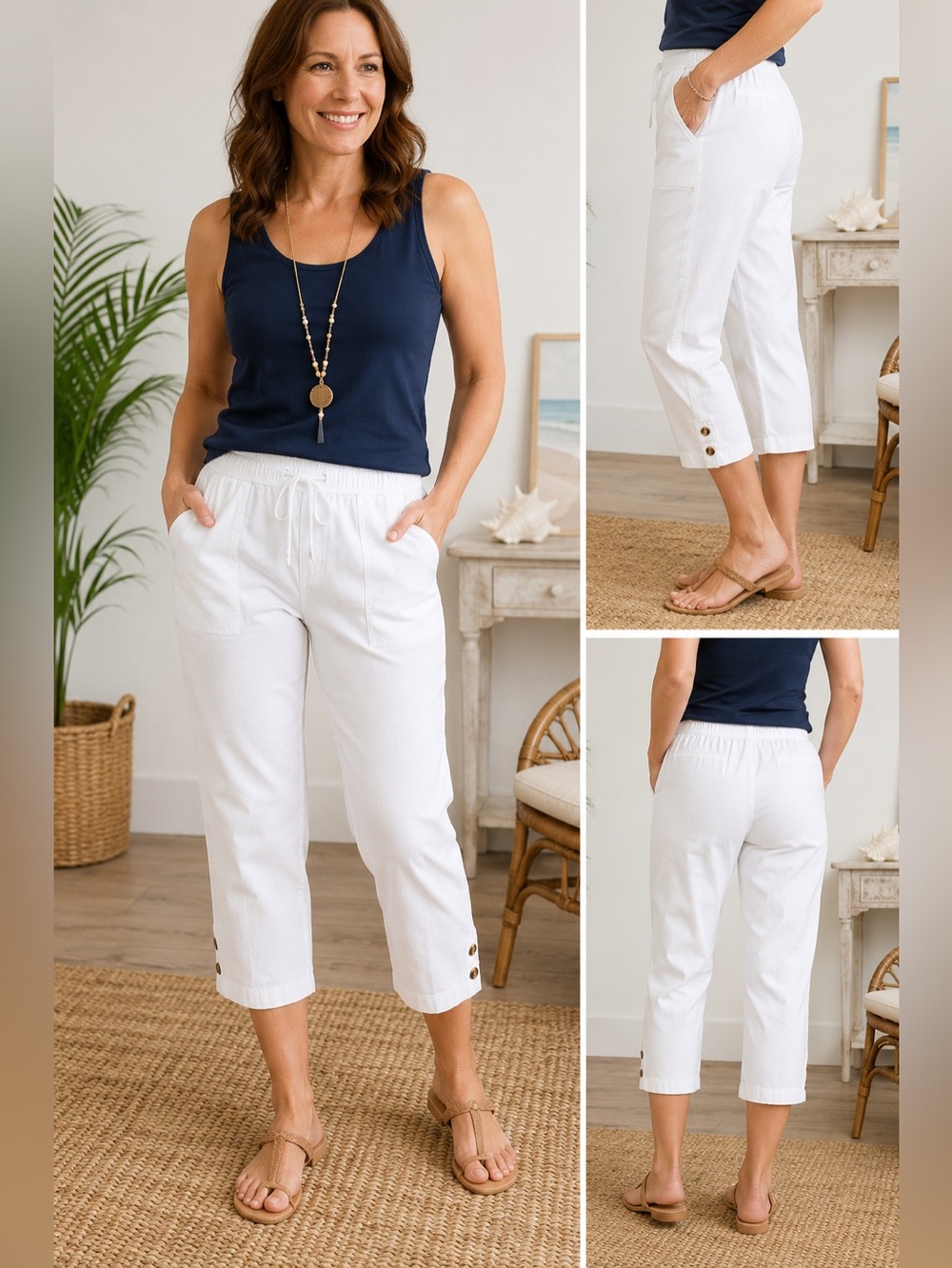 Coral Bay Women’s White Cropped Pants Size L 100% Cotton Pull-On Elastic Waist - Picture 2 of 4